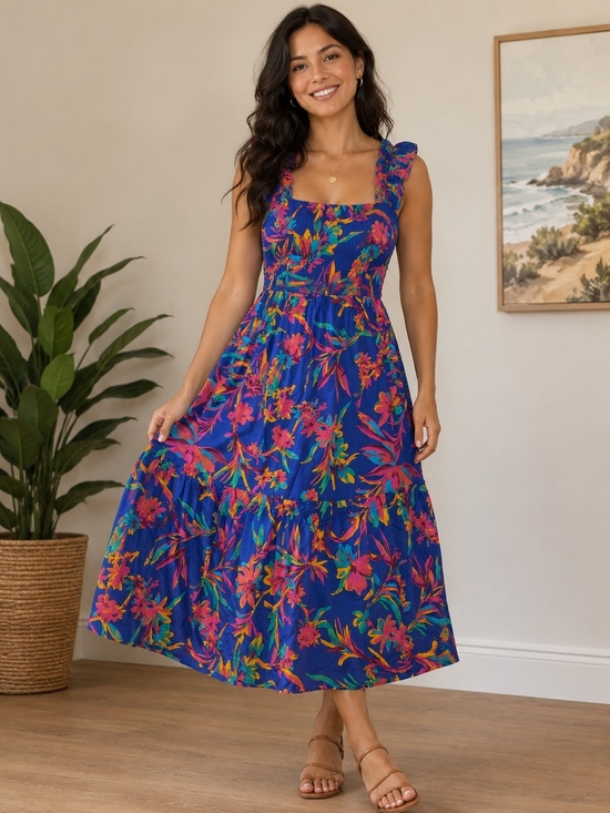 J. Crew Dresses & Skirts - J. Crew Blue Floral Square-Neck Tiered Midi Dress